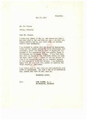 ["Mr. Folsom wrote to Mr. Albert thanking him for trying to help him get a job with the Indian Service. Mr. Albert informed Mr. Folsom that a bill had been passed for payment of the segregated Goal and asphalt lands of the Choctaw and Chickasaw Tribes. Mr. Albert assured Mr. Folsom that he would ask the Indian Office to expedite payment to the members of these tribes. Mr. Albert also expressed his willingness to help Mr. Folsom in any way he can."]