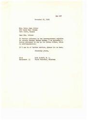 ["Mrs. Betty Jean Driver from Fort Scott, Kansas is seeking information about Choctaw Indian claims and enrollment records for Joseph B. Glenn and Glenn Tucker. The Indian Office has informed her that their names were not added to the approved roll of the Choctaw Nation, which was closed in 1907. She has written to Congressman Carl Albert and the Office of Indian Affairs for clarification and assistance in establishing heirship to the Choctaw Indian claim. Congressman Albert's office is working to resolve the issue and will advise Mrs. Driver accordingly."]