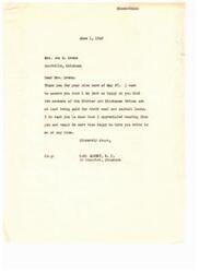 ["Mrs. Ada B. Owens received a thank you card from Carl Albert regarding the payment of coal and asphalt lands to the Choctaw and Chickasaw Tribes. Albert expressed his appreciation for Owens' support in getting the bill passed and encouraged her to reach out to him at any time."]