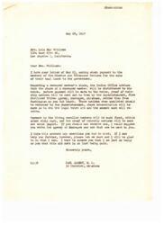 ["Mrs. Lela May Whitlock received a letter from Carl Albert, M.C. regarding payment to members of the Choctaw and Chickasaw Nations for the sale of their coal lands to the government. The document explains that payment to living enrolled members will be made first, followed by distribution of shares to heirs of deceased members. Instructions are provided for proving heirship and receiving payment. Mrs. Whitlock responds expressing gratitude and asking for more information about the process."]