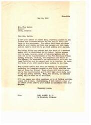 ["The document from Carl Albert, M.C. dated May 24, 1949, informs Mrs. Floy Martin about the process of getting payment for the sale of coal lands to the government by the Choctaw and Chickasaw Nations. The document explains that proof of heirship notices will be sent out for completion and return to determine the legal heirs and amount each is to receive. Immediate payment will be made to living enrolled members, followed by payment to heirs. The document also mentions the passing of an appropriation bill for $8,500,000 to be paid to the Choctaws and Chickasaws for the sale of their lands."]