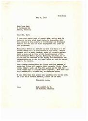 ["Mrs. Ward inquires about the distribution of payments to heirs of deceased members of the Choctaw and Chickasaw Nations for the sale of coal lands. The Indian Office will send proof of heirship notices to heirs, with payments to living members first. It will take about sixty days to complete payments. Congressman Carl Albert explains the process in response to Mrs. Ward's inquiry."]