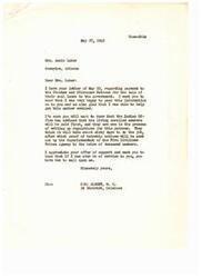 ["Mrs. Annie Luker received a letter from Congressman Carl Albert regarding the payment to the Choctaw and Chickasaw Nations for the sale of their coal lands to the government. The Indian Office will be paying living enrolled members first, followed by heirs of deceased members. Mrs. Luker expressed her appreciation for the information and offered her support to Congressman Albert."]