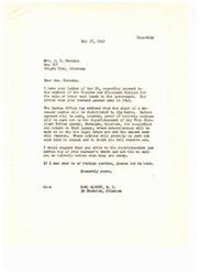 ["The documents discuss the payment to members of the Choctaw and Chickasaw Nations for the sale of their coal lands to the government. In the letters, it is explained that the share of deceased members will be distributed to their heirs after proof of heirship is provided. The documents also mention the passing of legislation appropriating funds for these payments and the process for distributing the money on a per capita basis. The recipients are advised to contact the Superintendent of the Five Civilized Tribes Agency in Muskogee, Oklahoma for further information."]