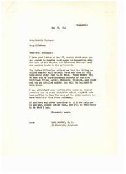 ["Mrs. Lizzie Whitener writes to Congressman Carl Albert asking about when she can expect to receive her money from the sale of Choctaw and Chickasaw Nations' lands. Congressman Albert responds that enrolled members will be paid first, and it will take about sixty days. He expresses regret that older members couldn't benefit sooner and offers to help with any questions. Whitener, in her letter, emphasizes her need for the money as she is unable to work and depends on her children for support."]