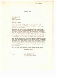 ["Mrs. Dicky Smith received a letter from Carl Albert, M.C. regarding the payment to Choctaw and Chickasaw Indians for the sale of their coal lands to the government. The Indian Office will distribute payments to the heirs of deceased members after proof of heirship is provided. Living enrolled members will be paid first, with checks expected to be mailed out around the latter part of July. Payments are estimated to be around $300 per person. Mrs. Smith also inquired about payment for her deceased sister and provided information about her sister's heirs."]