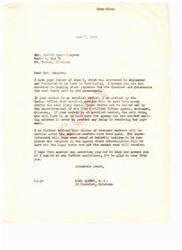 ["Mrs. Carrie Guess Dougten received a letter from Congressman Carl Albert regarding payments due to the Choctaws and Chickasaws for coal lands sold to the government. Enrolled members will be paid within the next sixty days, and claims of deceased members will be settled afterwards. Proof of heirship notices will be sent out to determine legal heirs and amounts. Mrs. Dougten asked for help for her sick mother, Journette Harrison, to receive her payment."]