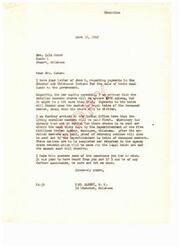 ["Mrs. Lula Coker writes to Carl Albert, M.C. inquiring about the per capita payments to Choctaw and Chickasaw Indians for the sale of their coal lands to the government. She asks about the amount of payment she will receive and if she will also receive payments for deceased members she previously received. Carl Albert responds, informing her that enrolled members will receive around $300 each and heirs will receive payments based on the number of legal heirs of the deceased member. He explains the process for payments and heirship determination. He assures Mrs. Coker that checks will be sent out within the next sixty days."]