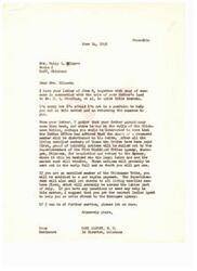 ["Mrs. Daisy Gilmore is seeking assistance regarding the sale of her father's land to Mr. C. E. Stockton. Congressman Carl Albert informs her that as an enrolled member of the Chickasaw Tribe, she may be entitled to a per capita payment from the Indian Office. He advises her to seek help from the nearest Indian Agent or write to the Muskogee Agency for further assistance. Congressman Albert returns the summons to Mrs. Gilmore and offers further help if needed."]
