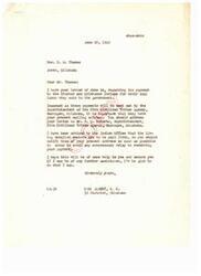 ["The document is from Carl Albert, a congressman from Oklahoma, to C. M. Thomas regarding the payment to Choctaw and Chickasaw Indians for their coal lands sold to the government. Albert advises Thomas to provide his current mailing address to the Superintendent of the Five Civilized Tribes Agency in order to receive payment promptly. Albert offers further assistance if needed."]