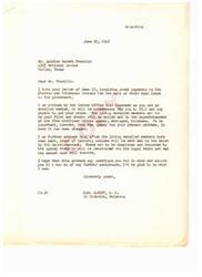["Mr. Franklin inquired about payments to Choctaw and Chickasaw Indians for the sale of their coal lands. He was advised that as an enrolled member, he does not need to fill out any papers to receive his share. Checks will be mailed out by the Superintendent of the Five Civilized Tribes Agency. After living enrolled members are paid, proof of heirship notices will be sent out to heirs to determine legal heirs and their share. Congressman Carl Albert provided this information in response to Mr. Franklin's inquiry."]