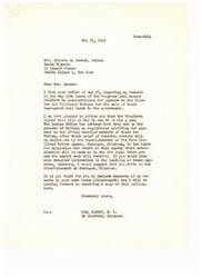 ["The document from Mrs. Becker to Carl Albert inquires about the appropriations for the Choctaw and Chickasaw Nations for the sale of their coal lands. Carl Albert responds that the bill was signed into law and payments will be made to living enrolled members of the tribes. He gives information on the process and suggests contacting the Superintendent in Muskogee, Oklahoma for more details. Albert gives permission for excerpts of his remarks to be included in the next issue of Smoke Signals and looks forward to receiving a copy."]