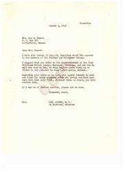 ["Mrs. Musser wrote to Mr. Carl Albert about payment to members of the Choctaw and Chickasaw Tribes. Mr. Albert suggested writing to the Superintendent of the Five Civilized Tribes Agency for the necessary forms. He also mentioned that forms for heirs will be sent out after all living enrolled members have been paid. Mrs. Musser asked for information on how to receive her payment as an heir and sent a stamped envelope for his reply."]