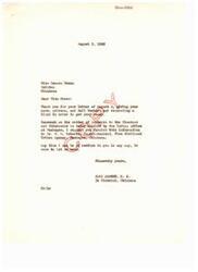 ["Miss Lenora Green requested a blank form to receive her money from the Choctaws and Chickasaws. Congressman Carl Albert advised her to contact Mr. W. O. Roberts at the Indian office in Muskogee for assistance with her payment. He also offered to help with any other needs she may have."]