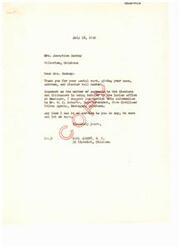 ["Mrs. Josephine Sockey sent a postal card with her name, address, and Choctaw roll number to Carl Albert, a congressman. Albert thanked her for the information and suggested she contact the Indian office in Muskogee for assistance with payments. Sockey confirmed her Choctaw heritage and thanked Albert for his help."]