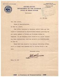 ["The document is a letter from the Assistant Commissioner of Indian Affairs to Honorable  Carl Albert, providing instructions for per capita payments to Choctaw and Chickasaw Indians. The letter authorizes a payment of $350 to enrolled members of the tribes, outlines the distribution process, and specifies that payments will be made to living enrollees or their lawful heirs. Funds have been allocated, and the payments are expected to start soon."]