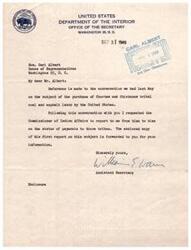 ["The letter is from the Assistant Secretary of the United States Department of the Interior to Honorable  Carl Albert, discussing the purchase of Choctaw and Chickasaw tribal coal and asphalt lands. The Commissioner of Indian Affairs has been requested to provide updates on payments to these tribes, with the first report enclosed for information."]