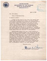 ["The Acting Secretary of the Interior is informing Honorable  Carl Albert that each enrollee of the Choctaw and Chickasaw Nations will receive a per capita payment of $350 from funds accrued and received from the sale of mineral deposits. The distribution process will be facilitated by the Superintendent of the Five Civilized Tribes Agency, with payments to living enrollees to be made first followed by applications for inherited shares. Special forms for identification purposes are being mailed to enrollees for processing of claims."]