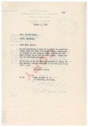 ["Mrs. Nannie Maxey of Wirt, Oklahoma inquired about whether her father, Bill Essary, is on the Choctaw rolls. The Office of Indian Affairs in Muskogee, Oklahoma conducted a thorough check but did not find his name on the rolls. They assured Mrs. Maxey that they would continue to investigate and provide any further assistance needed. The correspondence between Mrs. Maxey, the Office of Indian Affairs, and Congressman Carl Albert indicates efforts to gather information about Essary's enrollment status."]