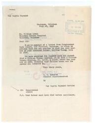 ["Gilliam Loman is seeking information about his deceased father's Choctaw roll number. Congressman Carl Albert advises him that they were unable to find a record of Gilliam Young, but they did find a record of a Gilliam Loman, Choctaw, who may be the person he is looking for. Congressman Albert is contacting the Muskogee Indian Office to help Loman further in his search."]