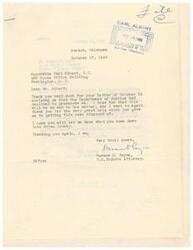 ["Horace D. Payne, a U.S. Probate Attorney from Durant, Oklahoma, wrote a letter to Honorable Carl Albert thanking him for his help in getting a case disposed of. The Department of Justice had declined to prosecute Payne, and Albert's assistance was greatly appreciated. Payne also requested Albert to check with Zimmerman to see if they had received clearance from the Department of Justice. Payne expressed deep appreciation to Albert for his help during a recent difficulty with the Indian Office, and asked for further assistance in checking on the clearance from the Department of Justice."]