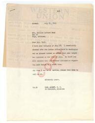 ["Mrs. Emiline Colbert Noah sent a telegram to Carl Albert, a member of Congress, asking for help with her budget approval from the Indian office. Carl Albert responded that her budget was approved on July 13th and she would receive further information soon. He offered his assistance and asked her to call on him if needed."]