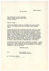 ["The text is a telegram from Congressman Carl Albert to Representative Walter Bailey regarding a resolution to appoint Henry S Knight as chief of the Cherokees. Albert acknowledges Bailey's telegram and requests further details in a letter. The telegram also includes information about symbols used in telegrams and the company's request for suggestions from patrons."]