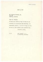 ["The text is a series of letters regarding requests for copies of public laws relating to Indian affairs in Oklahoma. Congressman Albert is asked to check the files to see if extra copies are available, and some laws are missing or only have one copy. The letters discuss the efforts to obtain copies of the requested laws and provide updates on the progress."]