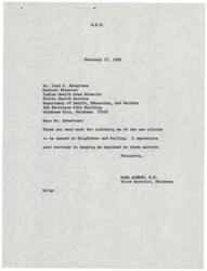 ["Dr. Robertson informed Honorable Carl Albert of the opening of new clinics in Kingfisher and Seiling, Oklahoma. Carl Albert thanked Dr. Robertson for keeping him informed and expressed his appreciation for the information."]