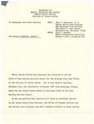 ["The Public Health Service has announced the selection of Miss Rosalie Guerrera as the new Chief of Area Nursing Services Branch for the Oklahoma City Area Office of the Division of Indian Health. Miss Guerrera will be responsible for planning and implementing nursing programs in the Division of Indian Health hospitals, health centers, and school health centers within the five-state area. She has previous experience in Indian Health and holds degrees in nursing education and nursing service administration. She will be headquartered in Oklahoma City."]