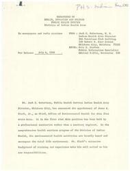 ["Dr. Jack C. Robertson has announced the appointment of James A. Clark, Jr. as Chief of Office of Environmental Health for the Indian Health Area. This is the first time a professional sanitarian has held this position. Mr. Clark has extensive experience in state health, foreign public health, and Indian Health Areas. He will be conducting environmental health activities in five states and will be based in Oklahoma City."]