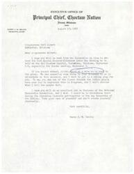 ["The document is from Harry J. W. Belvin, Principal Chief of the Choctaw Nation, to Congressman Carl Albert inviting him to attend the 21st Annual Choctaw-Chickasaw Labor Day Meeting. Belvin praises Albert for his support of the Indian people and expresses regret at not being able to attend the National Democratic Convention. He urges Albert to take care of himself and not overexert."]