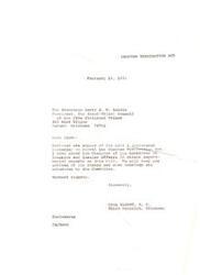 ["The document is a letter from Carl Albert, a congressman from Oklahoma, to the President of the Inter-Tribal Council of the Five Civilized Tribes, regarding a bill he introduced to repeal the Choctaw Termination Act. Albert mentions that he has requested departmental reports on the bill and will keep the council informed of its status and any upcoming hearings."]