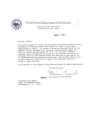 ["The document includes a series of letters between government officials and the Principal Chief of the Choctaw Tribe of Oklahoma regarding his reappointment and the repeal of the Choctaw Termination Act. There is gratitude expressed for support and recommendations, as well as discussions about the future of the Choctaw people and their self-sufficiency. The documents reflect a collaborative effort between the officials and the Chief to work towards the betterment of the tribe."]