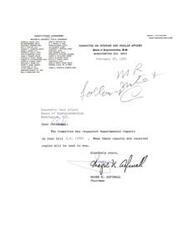 ["The document is a series of communications between members of the Committee on Interior and Insular Affairs regarding bills related to Native American tribes, specifically the Choctaw Termination Act. The Committee is requesting departmental reports on certain bills and discussing amendments and repeals related to the Choctaw Tribe. Members are coordinating efforts to expedite action on these bills. Cases/Acts: Termination Act"]