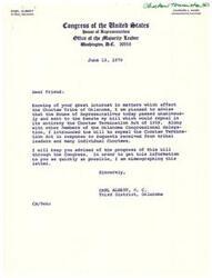 ["The document is a series of letters from Congressman Carl Albert and his administrative assistant informing a friend of the progress of a bill to repeal the Choctaw Termination Act of 1959. The House of Representatives passed the bill unanimously, followed by the U.S. Senate. The President signed the bill, repealing the Act and allowing the Choctaw Tribe to continue. The documents were mimeographed to quickly disseminate the information. Cases/Acts: Termination Act"]