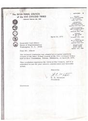 ["The document is a resolution adopted by the Inter-Tribal Council of the Five Civilized Tribes regarding the discriminatory Choctaw Termination Act of 1959. The resolution calls on the 91st Congress to repeal the act and requests that copies be sent to various government officials. It was adopted on April 10, 1970, at a meeting in Poteau, Oklahoma. Cases/Acts: Termination Act"]