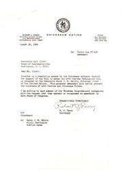 ["The document is a letter from Robert J. Perry, Secretary of the Chickasaw Advisory Council, to Honorable Carl Albert, requesting support for an amendment to the 1959 Choctaw Termination Act. The proposed amendment aims to protect the interests of both the Choctaw and Chickasaw tribes by making improvements such as selling Choctaw land with all oil and mineral rights and recognizing Chickasaw rights. The resolution passed by the Chickasaw Advisory Council in support of the amendment is attached to the letter. Carl Albert responds, stating that the proposed amendments have been introduced by Representatives Edmondson, Camp, and himself. Cases/Acts: Termination Act"]