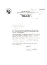 ["The document is expressing gratitude to Honorable Carl Albert for his efforts in repealing the \"Choctaw Termination Act\" and providing benefits and protection to the Oklahoma Choctaws. The writer acknowledges Albert's concern for their welfare and willingness to take positive action on their behalf. They also offer assistance from their office if needed. Cases/Acts: Termination Act"]