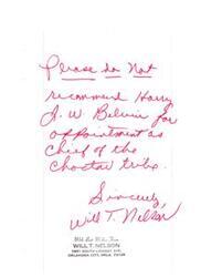 ["Will T. Nelson does not recommend Harry J. W. Belvin for reappointment as Chief of the Choctaw tribe. Congressman Albert's office acknowledges Nelson's letter and informs him that Chief Belvin has already been reappointed for a one-year term. Legislation is pending that would allow the tribes to elect their principal officer, and it is hoped that this will provide a more democratic process for choosing a chief in the future."]