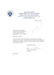 ["The document is a letter to Honorable Carl Albert providing information about an exhibition of paintings by Leonard Riddles at the Southern Plains Indian Museum and Crafts Center. The document discusses Riddles' dedication to preserving Comanche cultural history through his artwork and his use of various media. It also mentions Riddles' artistic background and previous exhibitions. The document includes a list of paintings in the exhibition and information on how to obtain prices for paintings for sale."]