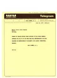 ["The document includes two telegrams sent by Carl Albert, M.C. from the Department of Interior, Indian Affairs announcing contract awards for on-the-job training in the manufacture of carpets, carpet yarns, children's and ladies' sportswear in LeFlore County, Oklahoma. One contract was awarded to Mid-America Yarn Mills, Inc. for $20,288 and the other to Hamlin Canvas Goods Company for $10,675.20. The proposed date of award was 7/13/70."]