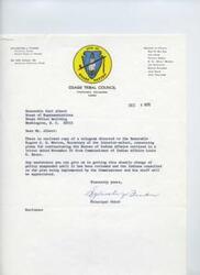 ["The Osage Tribal Council is requesting that plans to restructure the Bureau of Indian Affairs be suspended until the new Secretary of the Interior, Rogers C. B. Morton, can review the plan and consult with Indian leaders. They are opposed to the new policy announced by the Bureau of Indian Affairs and seek support from Congressman Morton in delaying its implementation."]