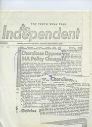 ["The document discusses the opposition of the Cherokee Tribe of Oklahoma to proposed organizational and policy changes for Indian agency superintendents by the Bureau of Indian Affairs. Principal Chief W.W. Keeler clarifies his position on the matter and expresses support for giving Indians the opportunity to manage their own affairs. The document also mentions Karyn, a little girl who fought for her life after sustaining kidney damage. Additionally, a letter from Congressman Carl Albert expresses gratitude for a newspaper clipping on the topic."]