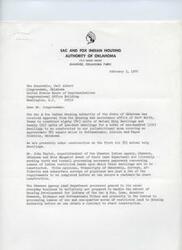 ["The Sac & Fox Indian Housing Authority of Oklahoma has received approval to construct 100 dwellings in their jurisdictional area. They are currently facing delays in processing necessary paperwork for the construction and request additional personnel for the Shawnee Indian Agency to expedite the process. Congressman Carl Albert expresses willingness to assist in resolving the issue."]