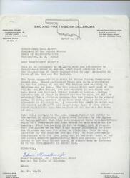 ["The document is a series of letters between the Sac and Fox Tribe of Oklahoma and various government officials regarding the distribution of funds appropriated to pay judgments in favor of the tribe. The tribe is requesting to be informed of any developments in the case and to be able to personally plead their case at a hearing regarding the division of funds between the two groups of Sac and Fox Indians residing in Oklahoma and Iowa. Congressman Carl Albert assures the tribe that they will be notified when a hearing date is set."]
