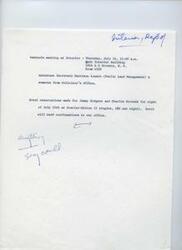 ["A meeting is scheduled for July 16th at 11:00 a.m. at the Interior Building with Assistant Secretary Harrison Loesch and someone from the Solicitor's Office. Hotel reservations have been made for Jimmy Rodgers and Charlie Grounds at the Statler-Hilton for the night of July 15th. Confirmation will be sent to the office."]