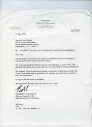 ["The document is a letter from William C. Wantland, Attorney General of the Seminole Nation of Oklahoma, inviting the Honorable Carl Albert to address the General Council of the Seminole Nation at their meeting on June 6, 1970. Carl Albert expresses regret that he cannot attend on June 6 due to a prior commitment, but agrees to meet with the Council in Wewoka on June 27. Wantland provides Albert with information on the topics the Seminole Nation is concerned about, including legislation affecting Indians and the Five Civilized Tribes. Albert is asked to be prepared to discuss and answer questions on these topics at the meeting."]