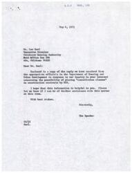 ["The document is a series of letters and communications regarding the need for a \"cancellation clause\" in construction contracts for mutual help housing projects. The Chickasaw Housing Authority in Ada, Oklahoma expressed concerns about delays in construction and the inability to cancel contracts with underperforming contractors. The Department of Housing and Urban Development (HUD) is reviewing the issue and taking steps to ensure projects proceed on schedule. Warren Watkins, legal counsel for HUD, also inquired about non-Indian people qualifying for mutual help housing."]