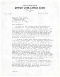 ["The Principal Chief of the Choctaw Nation is seeking help from the Speaker of the House of Representatives regarding a controversy at the Fort Sill Indian school. He mentions a resolution and affidavits that have been submitted, and expresses hope for action to be taken soon. The Chief asks for assistance on behalf of the Indian people who are seeking equity in the situation."]